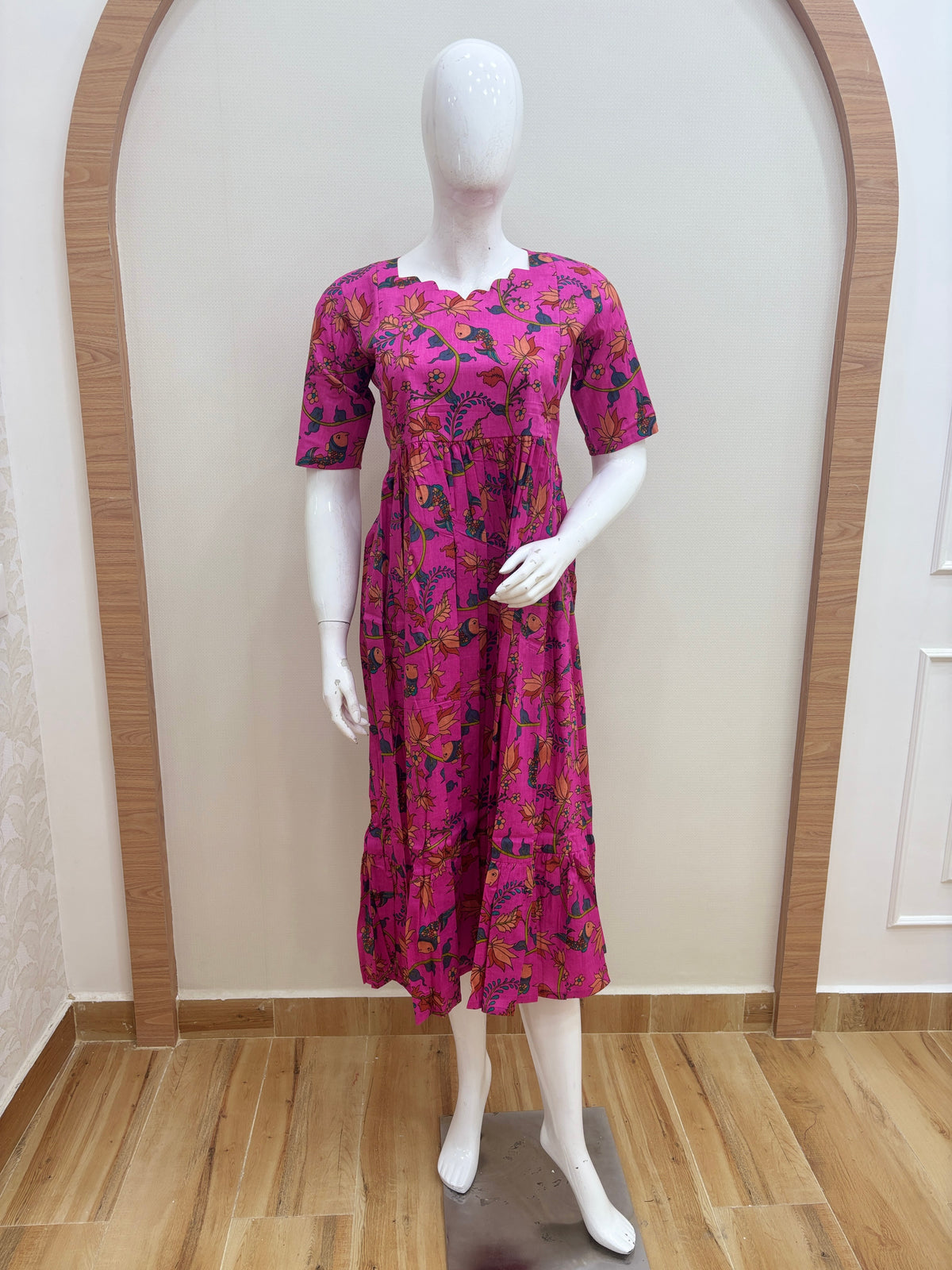 Hot Pink Floral Bird Print Feeding Maxi