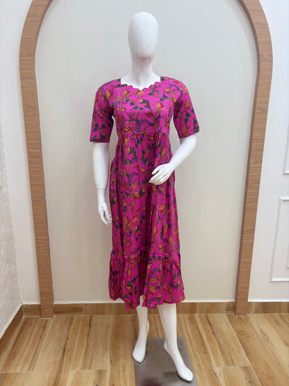 Hot Pink Floral Bird Print Feeding Maxi