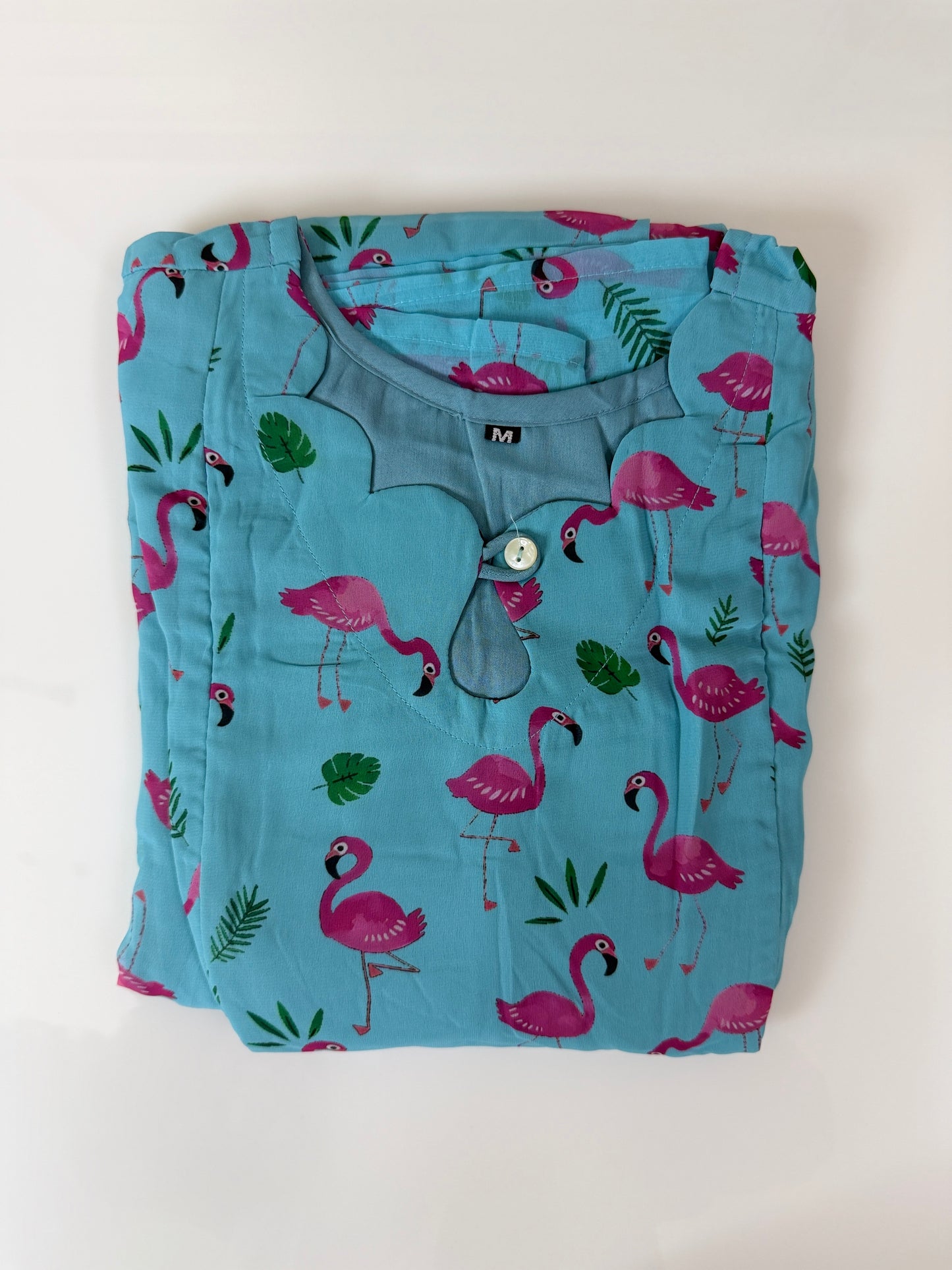 Sky Blue Pink Flamingo Printed Georgette Feeding Maxi