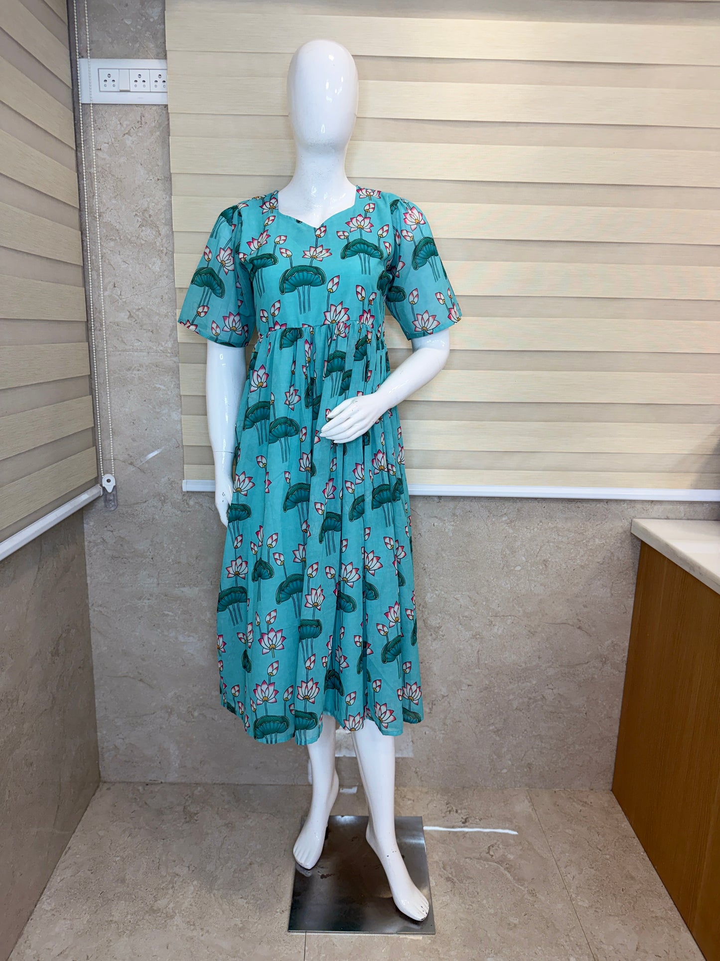 Aqua Blue Lotus Printed Georgette Outdoor Non-Feeding Maxi