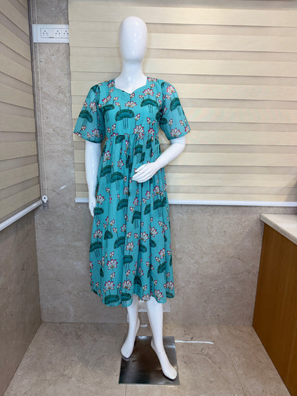 Aqua Blue Lotus Printed Georgette Outdoor Non-Feeding Maxi