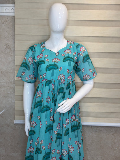 Aqua Blue Lotus Printed Georgette Outdoor Non-Feeding Maxi