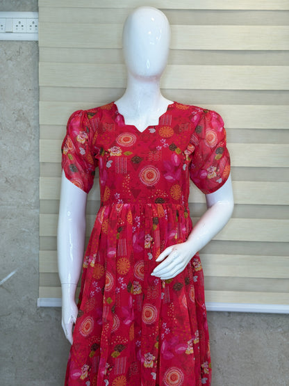 Raspberry Pink Floral Printed Georgette Outdoor Non-Feeding Maxi