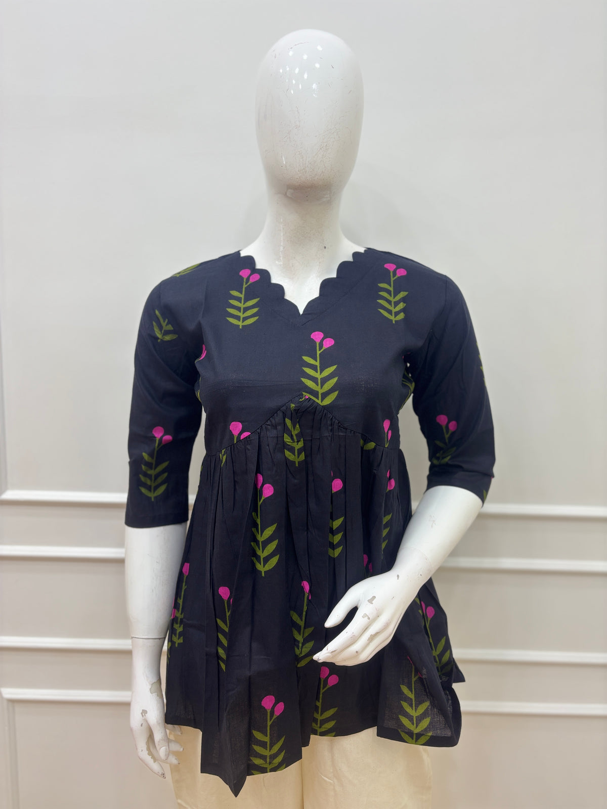 Navy Blue Leaf & Berry Print Feeding Kurti Top