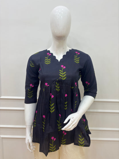 Navy Blue Leaf & Berry Print Feeding Kurti Top
