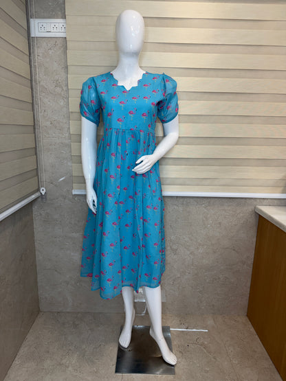 Sky Blue Pink Flamingo Printed Georgette Outdoor Non-Feeding Maxi