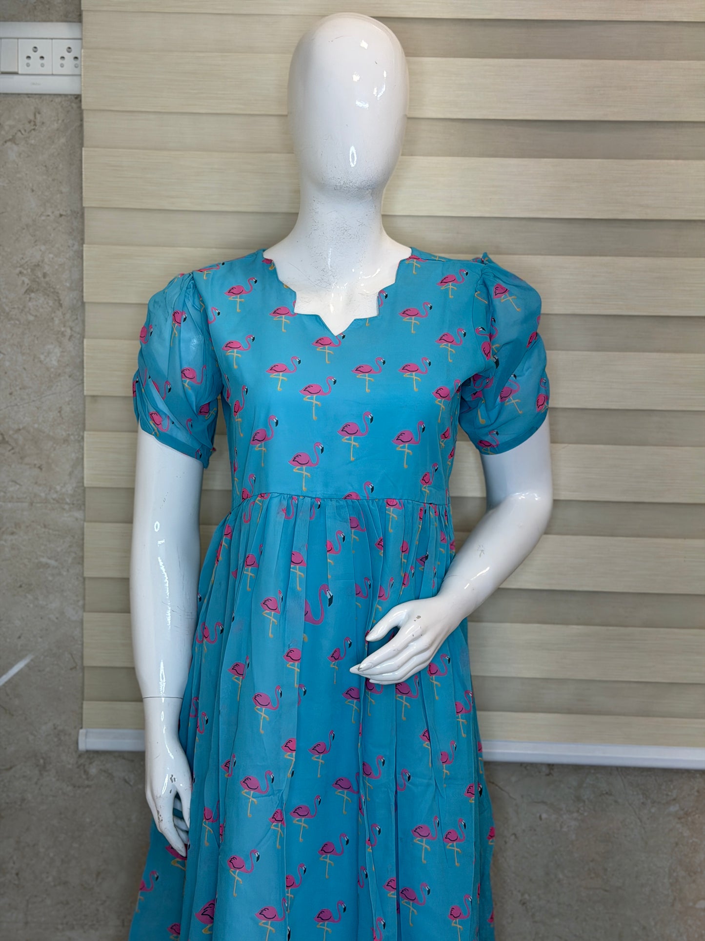 Sky Blue Pink Flamingo Printed Georgette Outdoor Non-Feeding Maxi