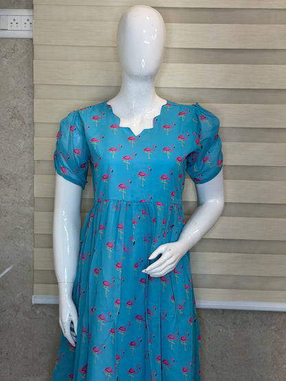 Sky Blue Pink Flamingo Printed Georgette Outdoor Non-Feeding Maxi