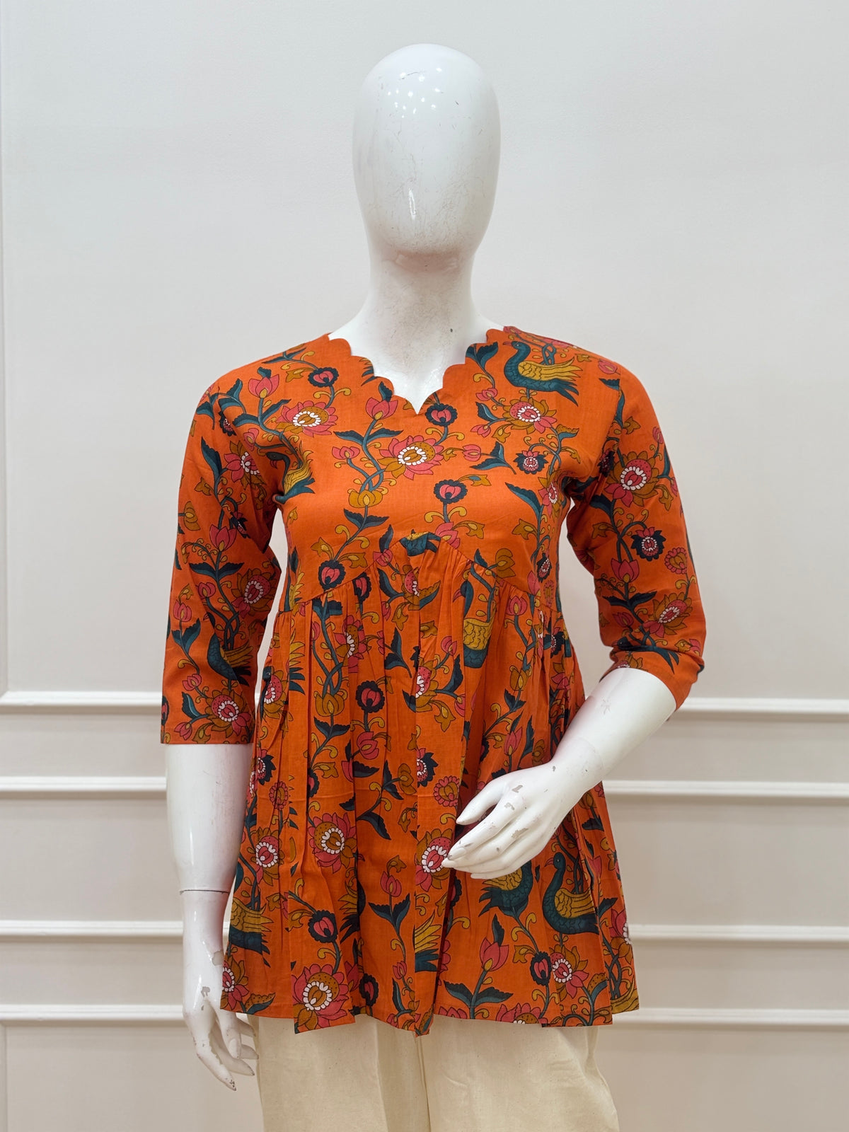 Orange Kalamkari Peacock Print Feeding Kurti Top
