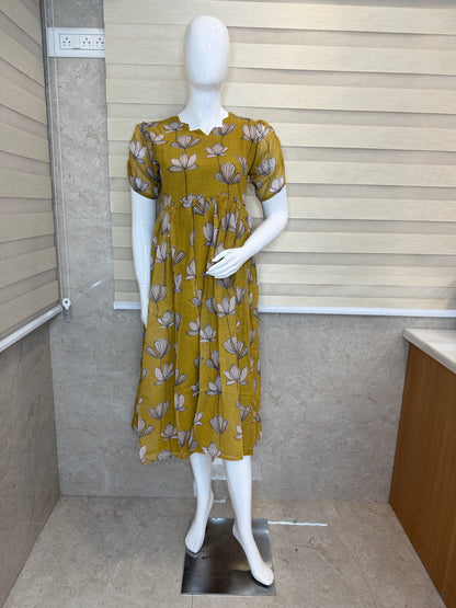 Mustard White Floral Printed Georgette Outdoor Non-Feeding Maxi