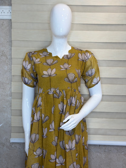 Mustard White Floral Printed Georgette Outdoor Non-Feeding Maxi