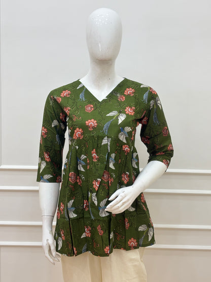 Olive Green Floral Bird Print Feeding Kurti Top