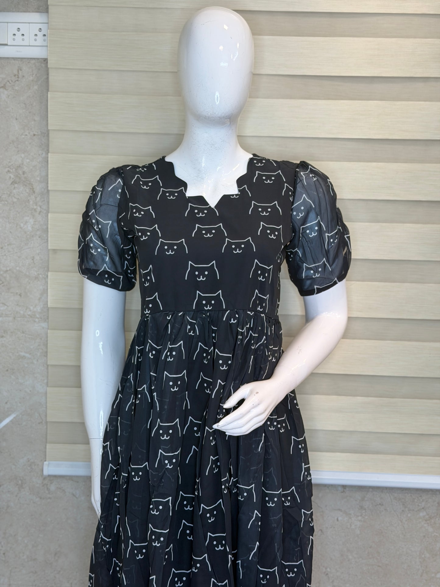Black White Cat Printed Georgette Outdoor Non-Feeding Maxi