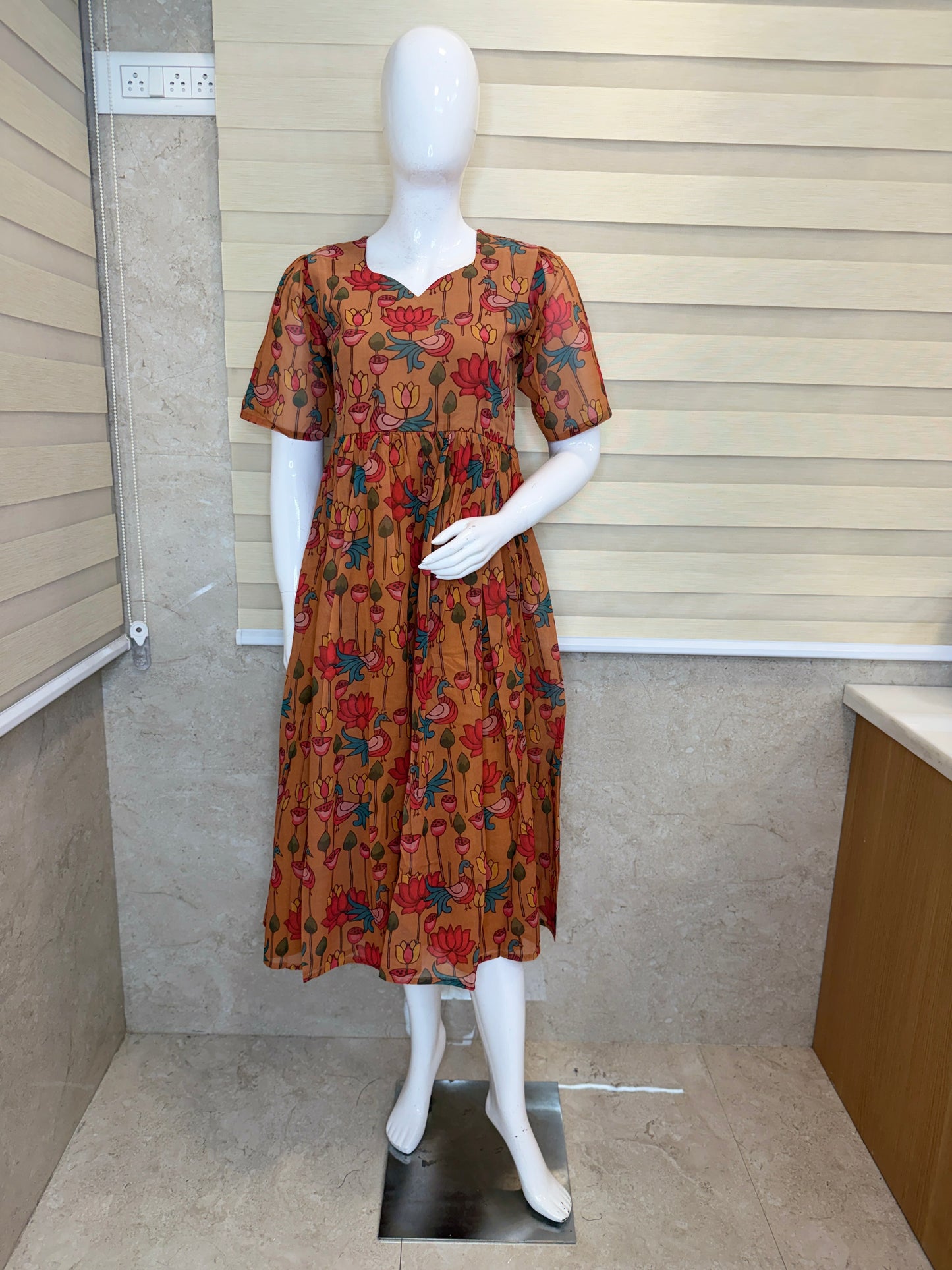 Mustard Red Peacock Printed Georgette Outdoor Non-Feeding Maxi