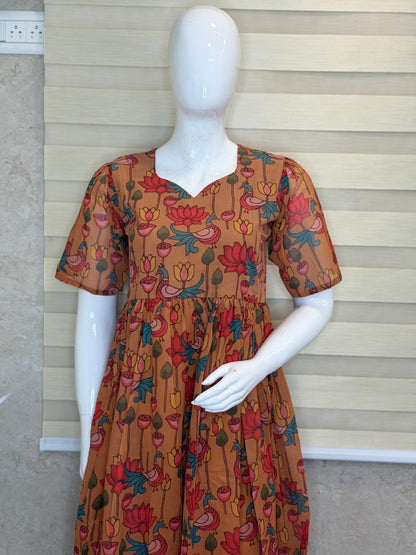 Mustard Red Peacock Printed Georgette Outdoor Non-Feeding Maxi