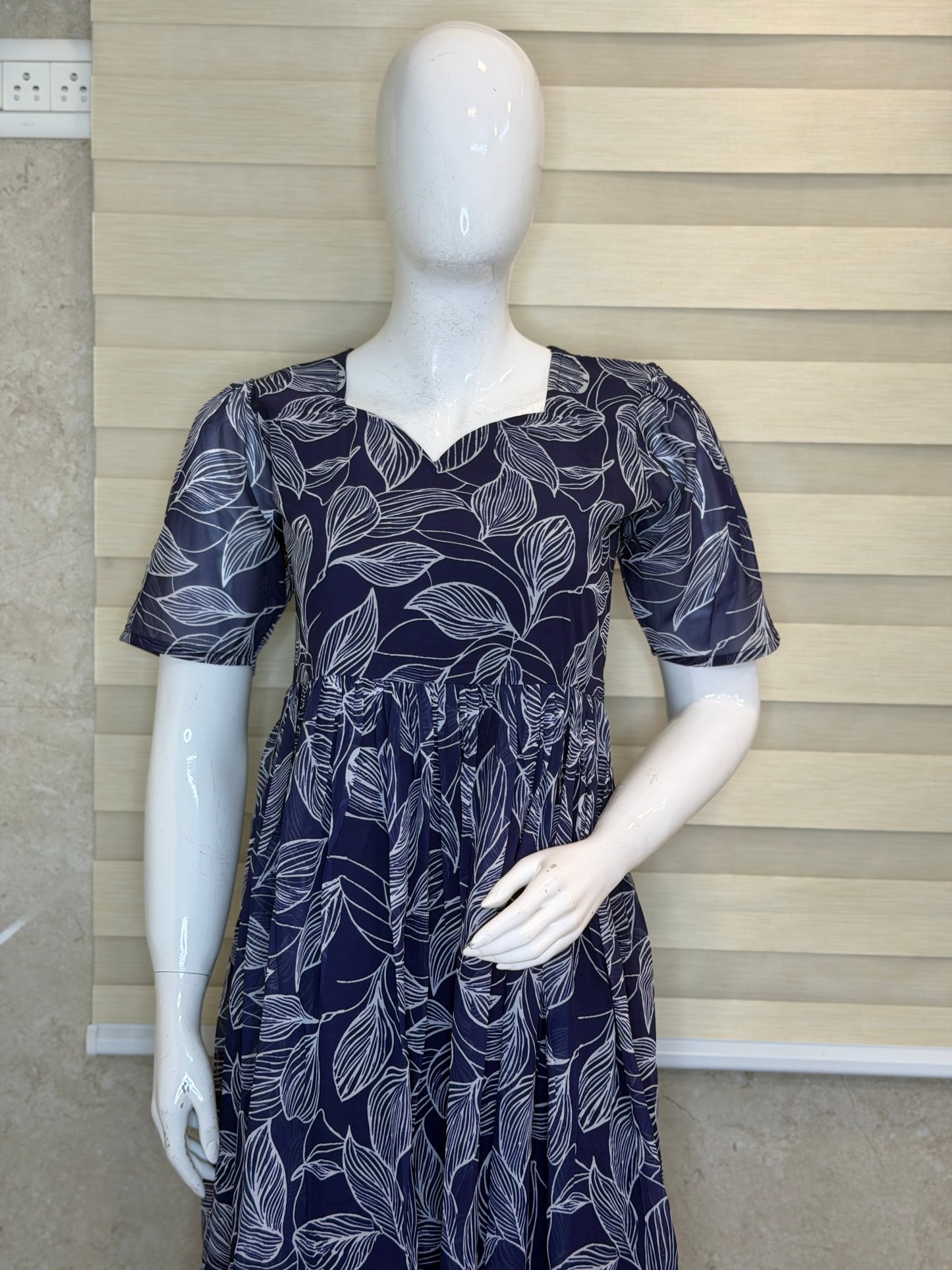Navy Blue White Leaf Printed Georgette Outdoor Non-Feeding Maxi