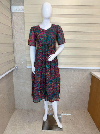 Teal Pink Paisley Printed Georgette Outdoor Non-Feeding Maxi