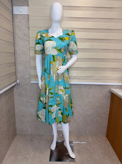 Floral Print Sky Blue Outdoor Wear Frock