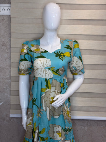 Floral Print Sky Blue Outdoor Wear Frock