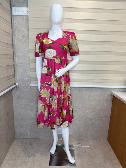 Floral Print Pink Outdoor Wear Frock