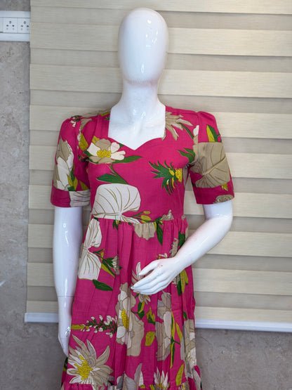 Floral Print Pink Outdoor Wear Frock
