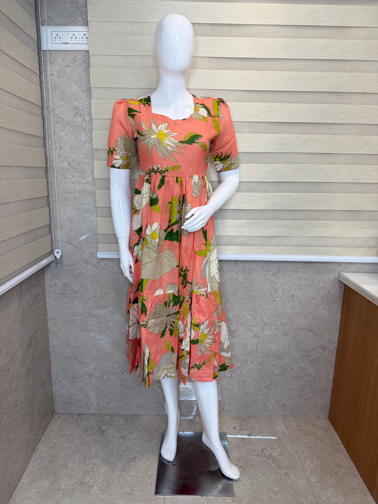 Floral Print Peach Outdoor Wear Frock