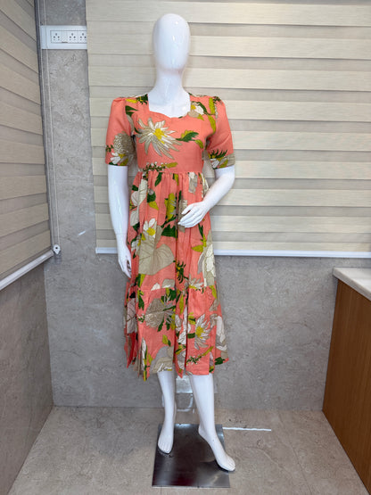 Floral Print Peach Outdoor Wear Frock