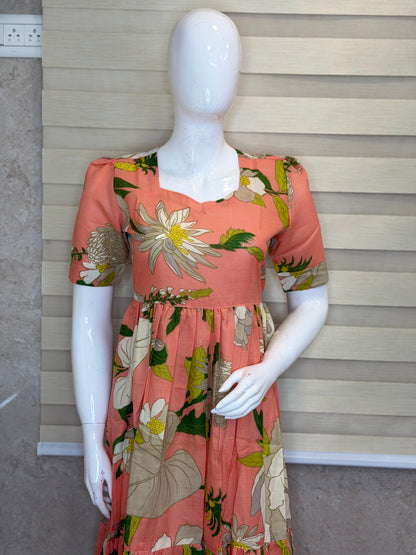 Floral Print Peach Outdoor Wear Frock