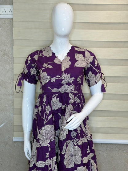 Leaf Print Purple Cotton Maxi