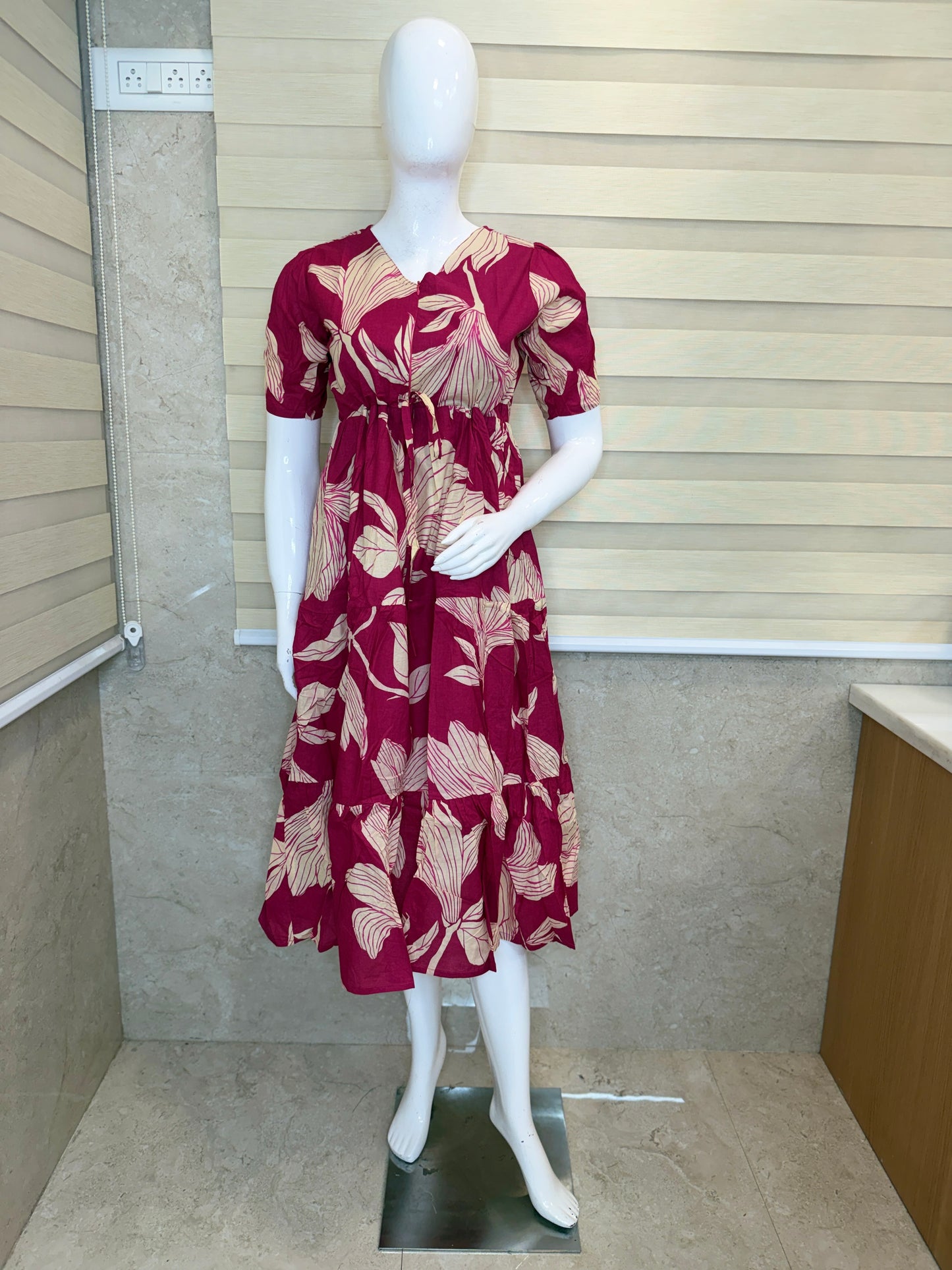 Leaf Print Pink Cotton Maxi