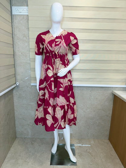 Leaf Print Pink Cotton Maxi