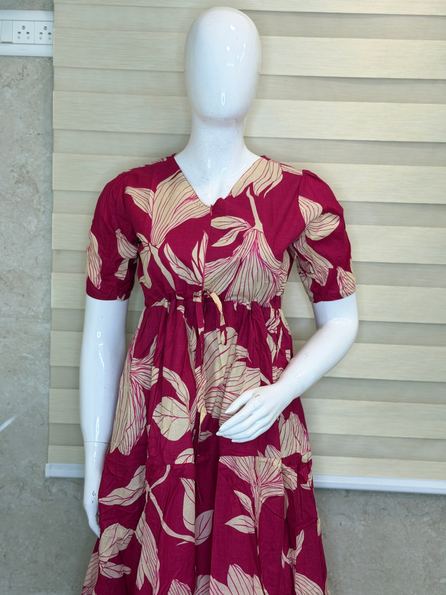 Leaf Print Pink Cotton Maxi