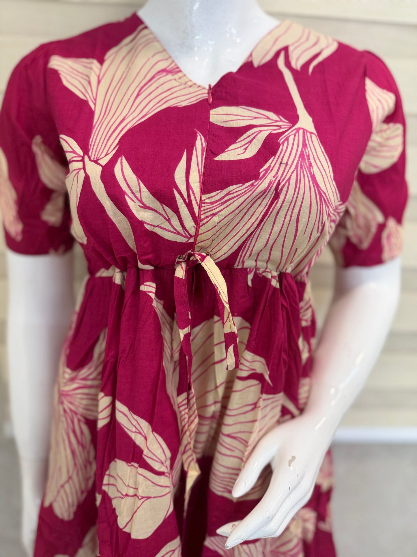 Leaf Print Pink Cotton Maxi