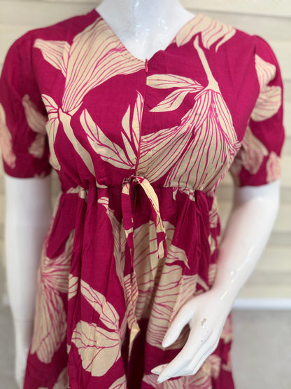 Leaf Print Pink Cotton Maxi