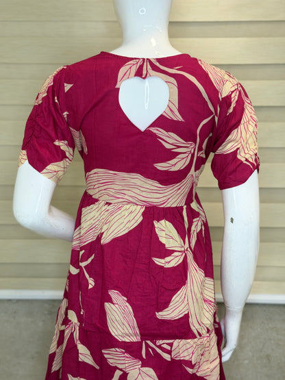 Leaf Print Pink Cotton Maxi