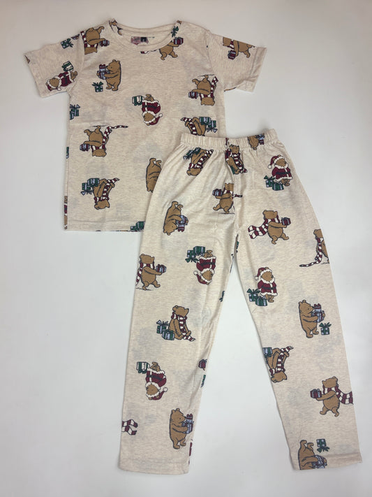 Beige Teddy Bear Christmas Print Kids Pant Coord