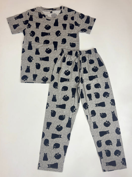 Grey Black Cat Print Kids Pant Coord