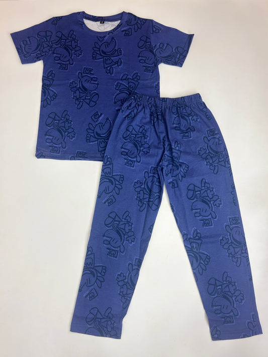 Royal Blue Cartoon Print Kids Pant Coord