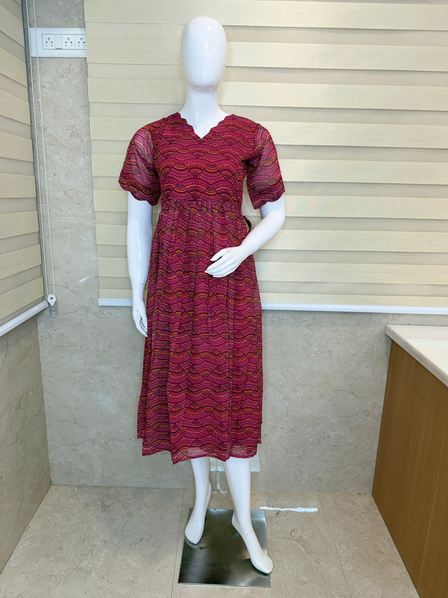 Hot Pink Geometric Printed Georgette Outdoor Non-Feeding Maxi