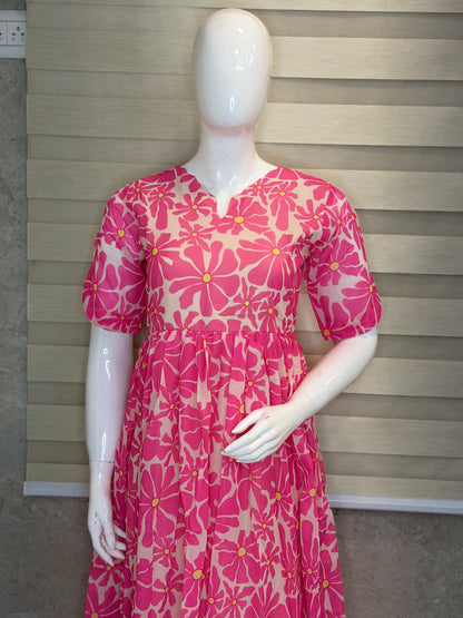 Pink White Floral Printed Georgette Outdoor Non-Feeding Maxi