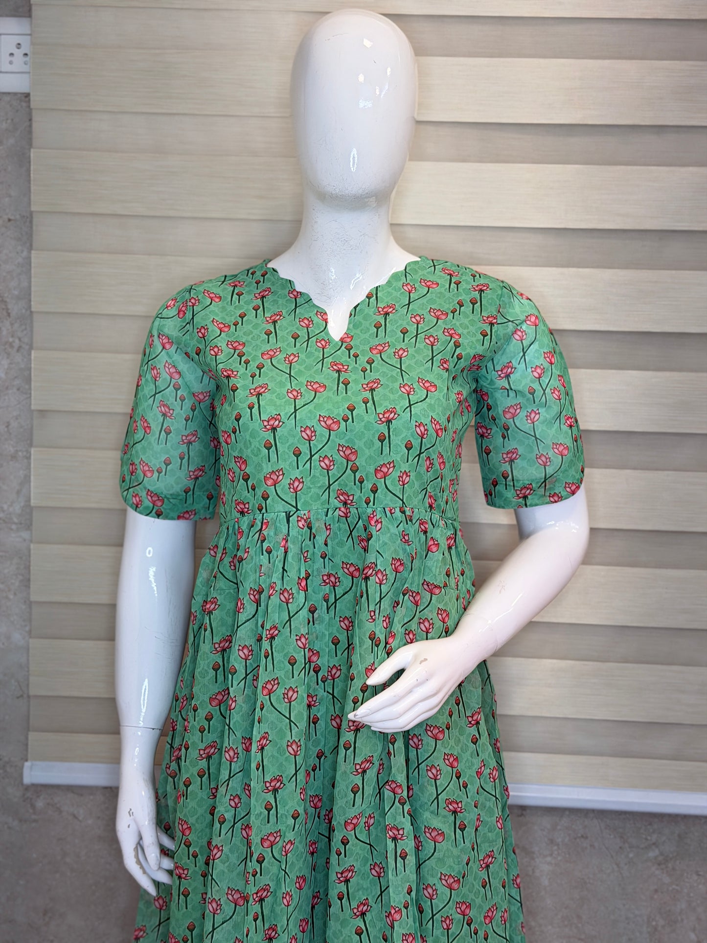 Green Pink Lotus Printed Georgette Outdoor Non-Feeding Maxi