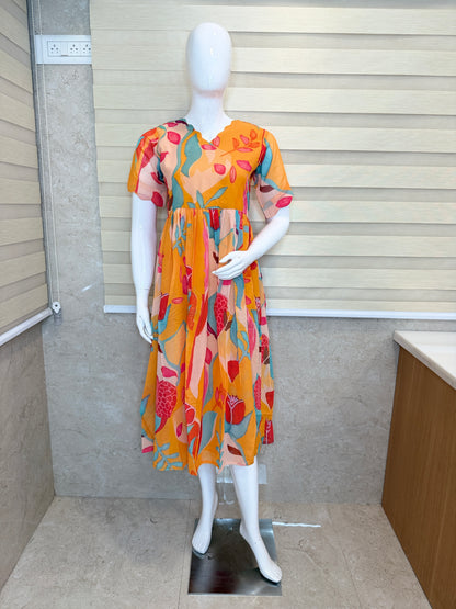 Mustard Peach Abstract Printed Georgette Outdoor Non-Feeding Maxi