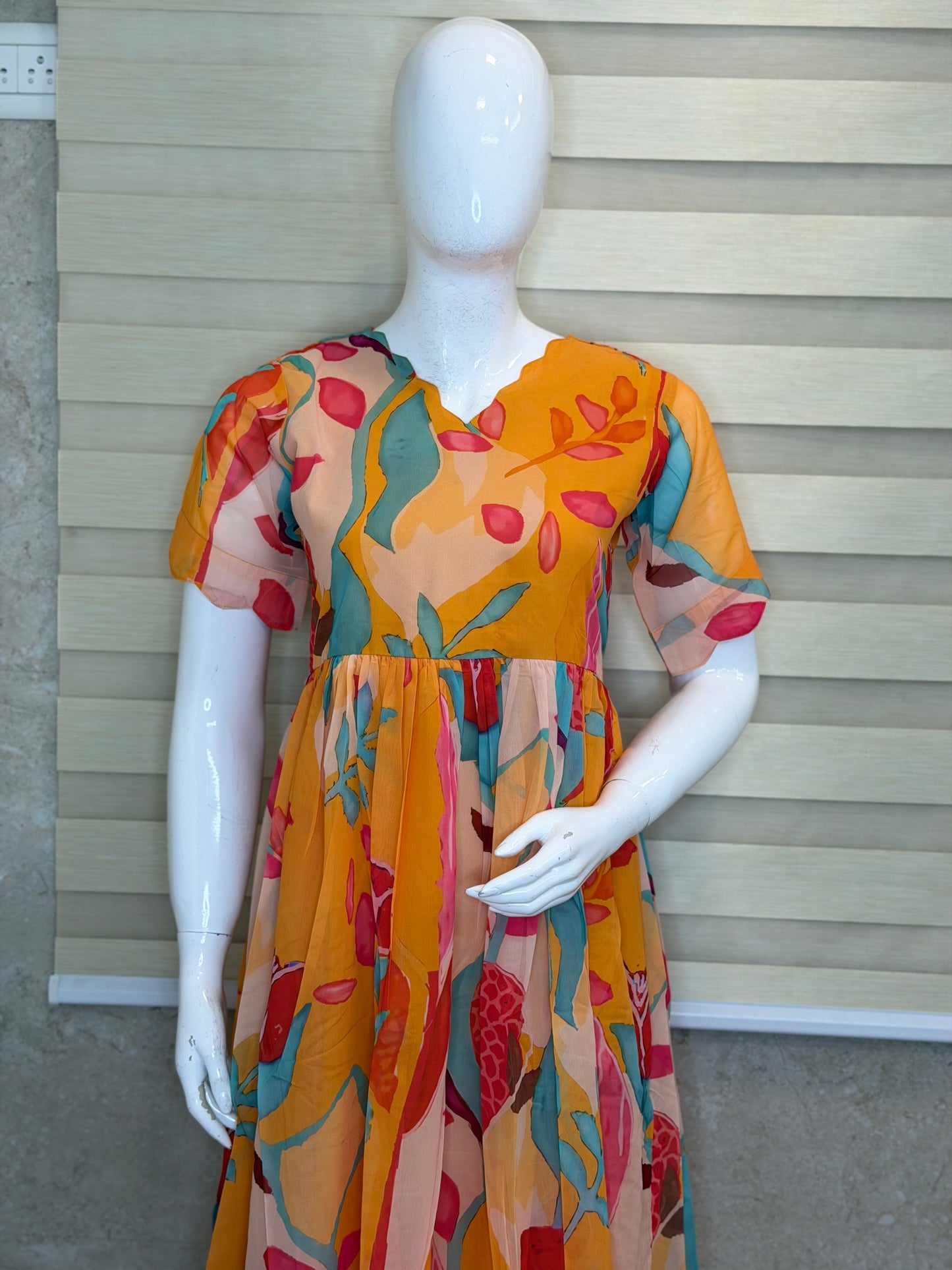 Mustard Peach Abstract Printed Georgette Outdoor Non-Feeding Maxi