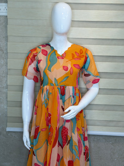 Mustard Peach Abstract Printed Georgette Outdoor Non-Feeding Maxi