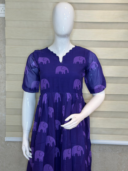 Purple Elephant Printed Georgette Outdoor Non-Feeding Maxi