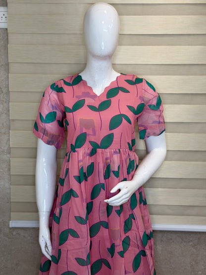 Pink Green Leaf Printed Georgette Outdoor Non-Feeding Maxi