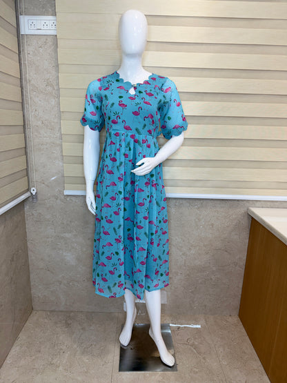 Sky Blue Pink Flamingo Printed Georgette Feeding Maxi