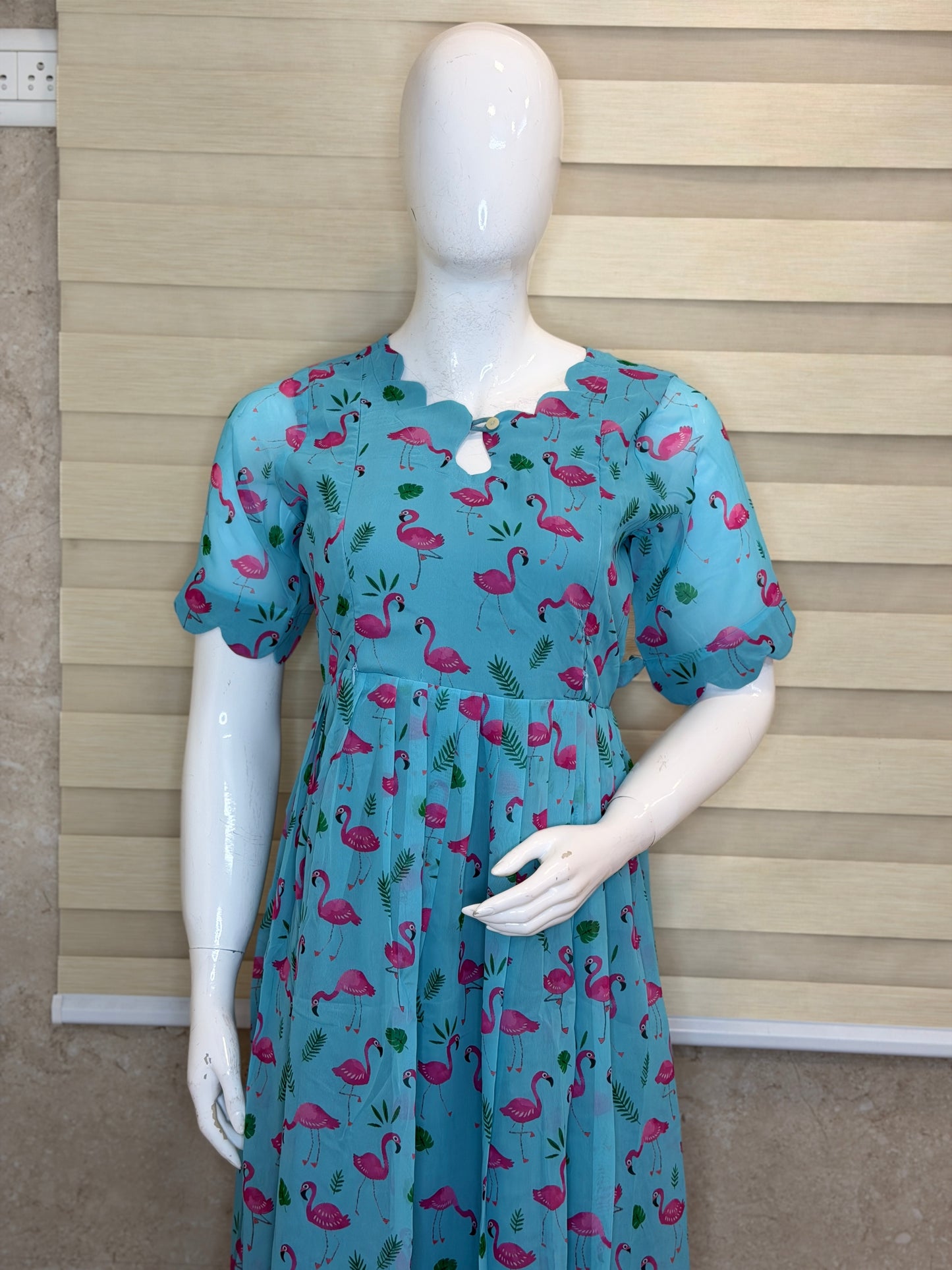 Sky Blue Pink Flamingo Printed Georgette Feeding Maxi