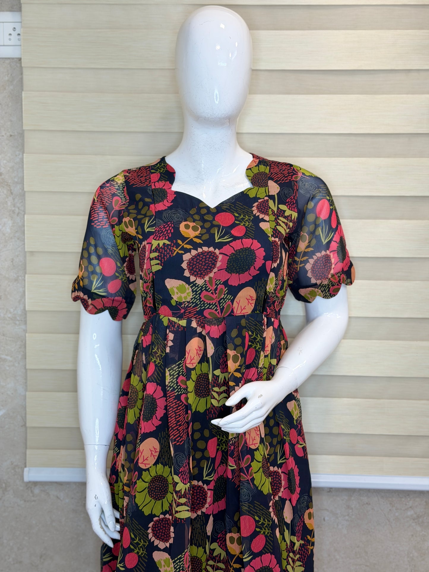 Navy Blue Pink Floral Printed Georgette Feeding Maxi