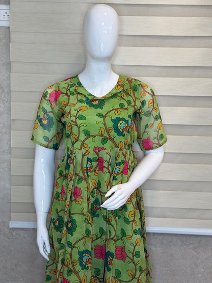 Lime Green Multicolor Floral Printed Georgette Feeding Maxi